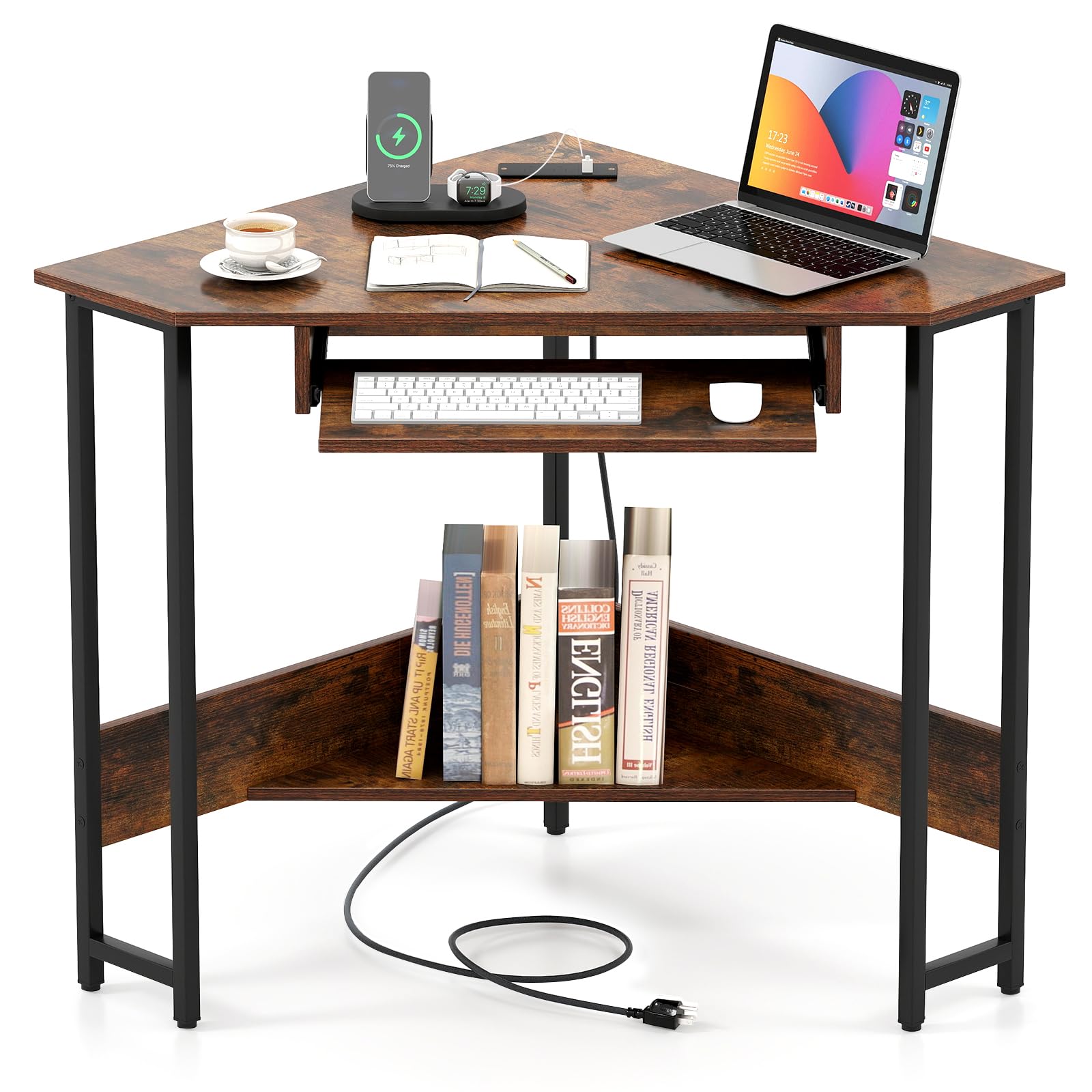Tangkula Corner Desk with Keyboard Tray with Storage Shelf